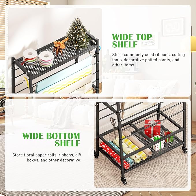 lukar Ribbon Holder, Rolling Ribbon Storage Organizer Rack for Craft Room, 16 Tier Metal Ribbon Holder Organizer Rack, Christmas Ribbon Storage Rack for Home Flower Shops