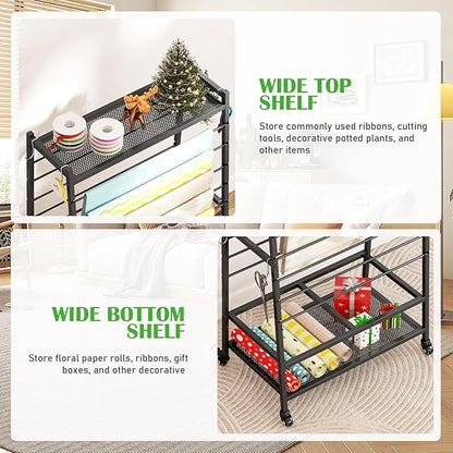 lukar Ribbon Holder, Rolling Ribbon Storage Organizer Rack for Craft Room, 16 Tier Metal Ribbon Holder Organizer Rack, Christmas Ribbon Storage Rack for Home Flower Shops