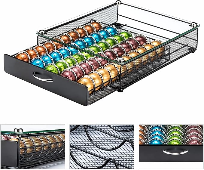 FlagShip for Nespresso Pod Holder Coffee Pod Storage for Vertuo Pod with Crystal Tempered Glass Top(50 Pods Capacity)