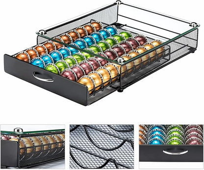 FlagShip for Nespresso Pod Holder Coffee Pod Storage for Vertuo Pod with Crystal Tempered Glass Top(50 Pods Capacity)