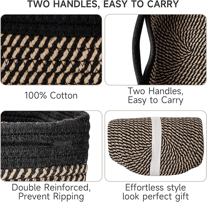 3-Pack Shelf Baskets for Organizing, Closet Organizer Bins, Small Woven Baskets, Rope Toy Basket, Storage Basket for Shelves, Cube Decorative Box, 11.8×7.8×5.1”, Black Brown