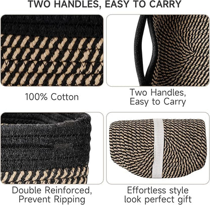 3-Pack Shelf Baskets for Organizing, Closet Organizer Bins, Small Woven Baskets, Rope Toy Basket, Storage Basket for Shelves, Cube Decorative Box, 11.8×7.8×5.1”, Black Brown