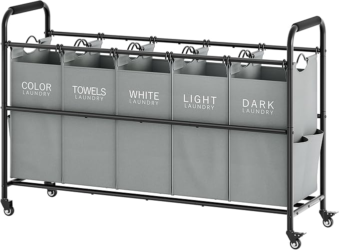 Tajsoon Laundry Sorter, Laundry Hamper 5 Section with Heavy Duty Rolling Lockable Wheels, Laundry Basket Organizer with Removable Bags for Dirty Clothes Storage, Grey
