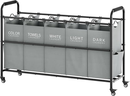 Tajsoon Laundry Sorter, Laundry Hamper 5 Section with Heavy Duty Rolling Lockable Wheels, Laundry Basket Organizer with Removable Bags for Dirty Clothes Storage, Grey