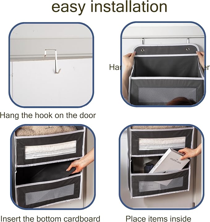 Over The Door Storage Organizer - 5 Shelf Hanging Organizer with 10 Side Pockets, 48 lbs Load Capacity (Anti-Tilt, Clear Windows & Hooks) for Bathroom, Bedroom, Kitchen,Nursery (Black, 1 Pack)