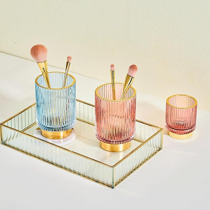 Makeup Brush Holder Organizer,Toothbrush Holders,Desk Pen Pencil Holder,Multifunctional Vintage Glass Brush Cup（L/Blue/A3-8-US）