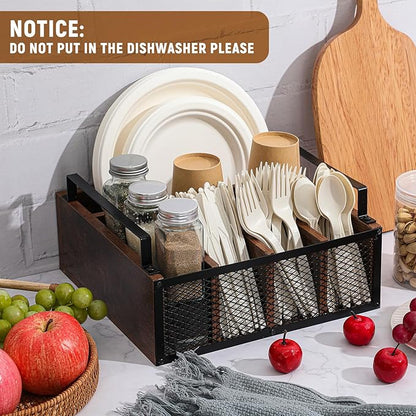 Mimorou Wooden Napkin Paper Plate and Utensil Holder Caddy for Party Kitchen Counter Cutlery Flatware Organizer for Utensil Caddy Cups Spoon Forks Napkins, Kitchen Accessories(Dark Wood Color)