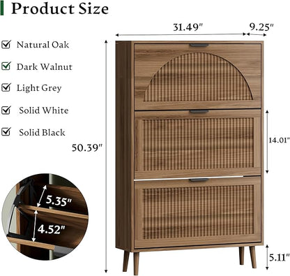 Xixini Shoe Storage Cabinet with 3 Flip Drawers, 50" Tall Narrow Wood Fluted Shoe Organizer for Entryway, Freestanding Wooden Hidden Slim Shoe Rack for Front Door Entrance, Hallway, Foyer, Dark Walnut