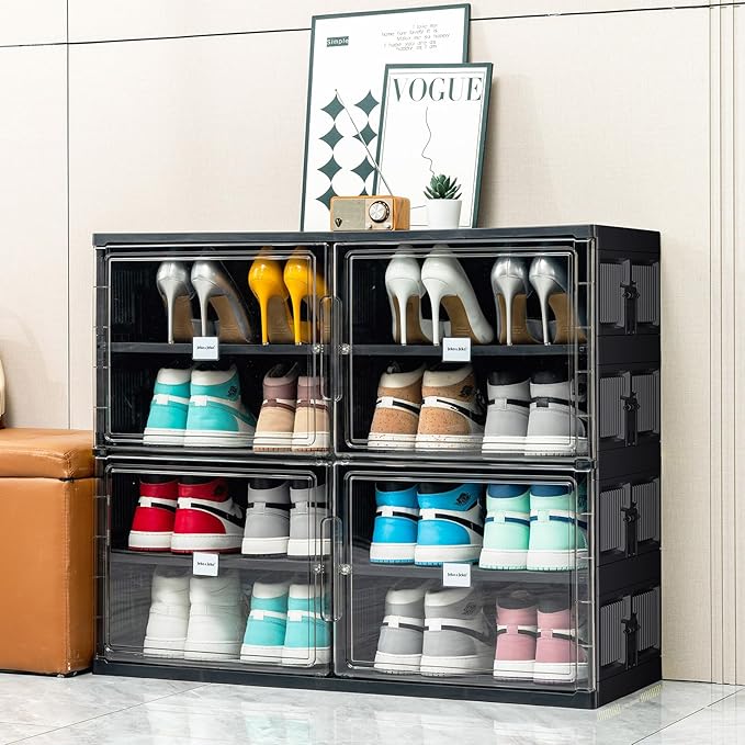 JEKO&JEKO 4 Tiers Foldable Shoe Rack Organizer Cabinet for Closet Entryway, Large Collapsible Shoe Storage Box with Magnetic Doors Fits Up to 16 Pairs (Black)