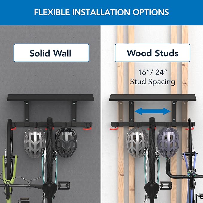 Mount-It! WheelsUp Bike Wall Mount with Shelf | Garage Storage Rack for 3 Bikes & Accessories | Adjustable Padded Hooks, Max Capacity 275 lbs | Ideal Bike Rack Garage Wall Mount for Organized Spaces