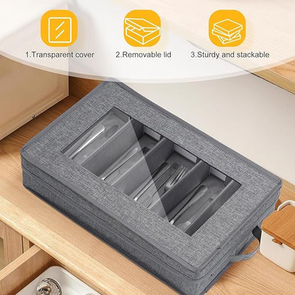Silverware Storage Box 2 Pack, Flatware Storage, Utensil Storage with Removable Lid and Adjustable Dividers for Organizer Utensils, Cutlery, Flatware, Knives, Large Capacity Gray