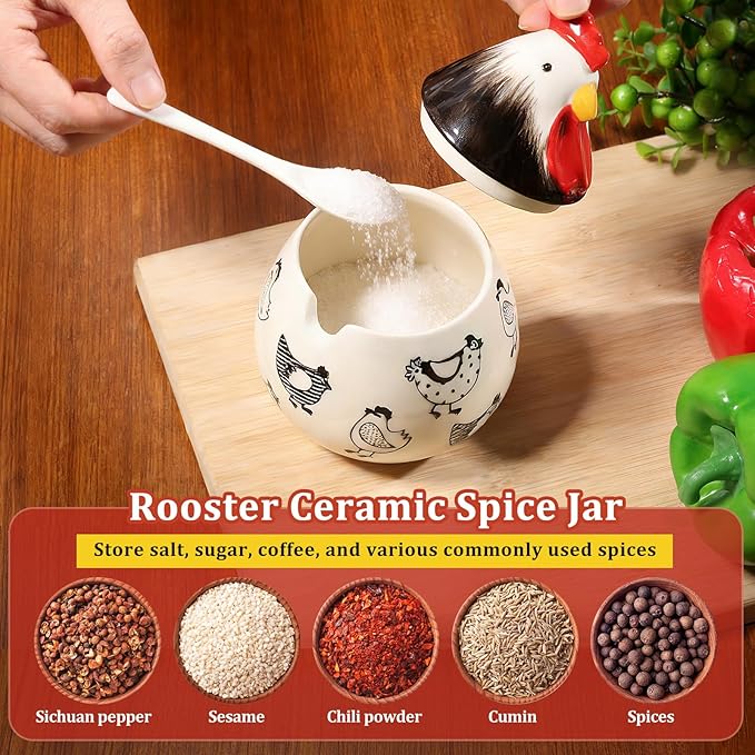 Ceramic Salt Cellar with Lid and Spoon,17oz Large Chicken Rooster Cookie Jar Salt Containers Holder for Countertop Spices,Cute Farmhouse Kitchen Decor,Spice Jar for Coffee,Sugar,Spices,Candies (#A)