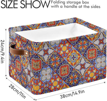 Foldable Storage Baskets, Mexican Ceramic Tile Pattern Storage Bins with Handles, Decorative Cloth Organizer Storage Boxes for Home|Office 15 x 11 x 9.5 in