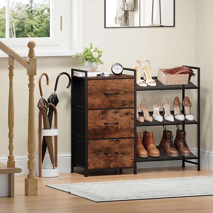 Somdot Shoe Rack, 3 Tier Shoe Organizer with 3 Drawers, Metal Shoe Storage Shelf for 6-9 Pairs of Shoes with Fabric Shelves and Wooden Top, Narrow Shoe Rack for Entryway, Wood Grain Print