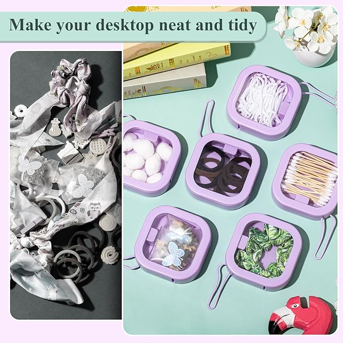 Kathfly 6 Pcs Hair Tie Organizer, Portable Bobby Pin Holder, Stackable Hair Accessories Holder for Travel, Cotton Swabs Dispenser, Jewelry Organizer Box(Purple)