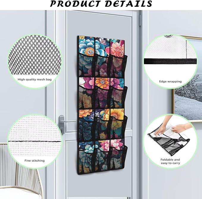 Bohemian Over the Door Organizer with 12 Mesh Pockets - Breathable Design for Bath Towels, Toiletries, Makeup (Waterproof Lining)
