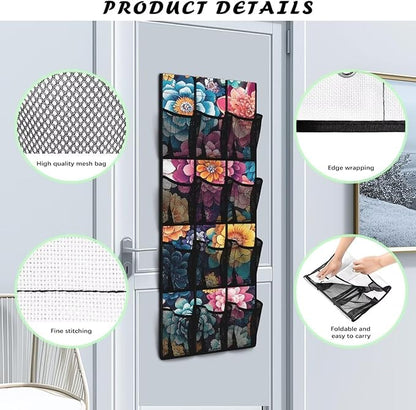 Bohemian Over the Door Organizer with 12 Mesh Pockets - Breathable Design for Bath Towels, Toiletries, Makeup (Waterproof Lining)