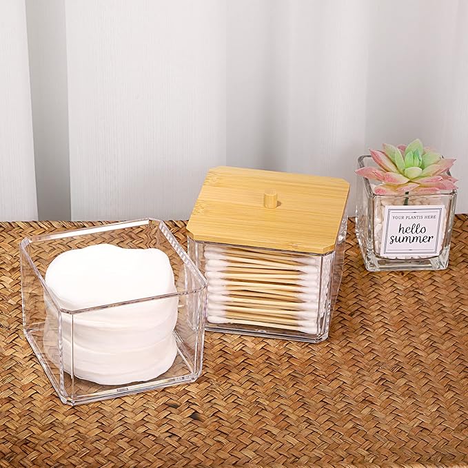 Hipiwe Clear Q-tip Dispenser Holder Acrylic Bathroom Containers 2-Tier Square Apothecary Jar with Lid Canister Cotton Swab and Ball Holder Vanity Storage Organizer for Cotton Round and Pads, Floss