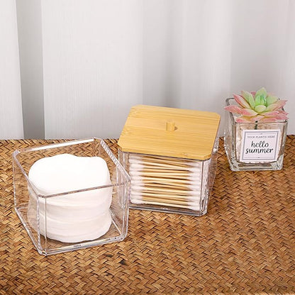 Hipiwe Clear Q-tip Dispenser Holder Acrylic Bathroom Containers 2-Tier Square Apothecary Jar with Lid Canister Cotton Swab and Ball Holder Vanity Storage Organizer for Cotton Round and Pads, Floss