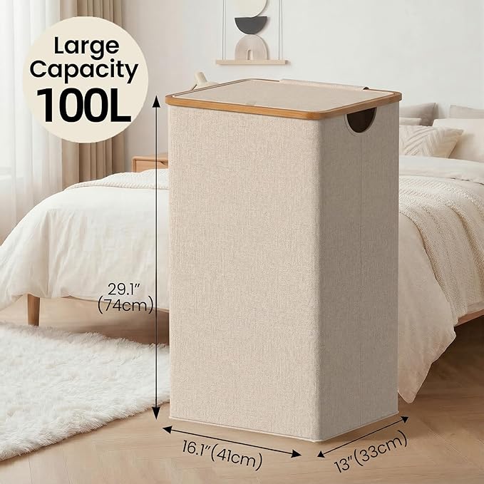 efluky 26 Gal Laundry Basket with Lid and Net Bag, Tall Laundry Hamper with Bamboo Handles, Aesthetic Dirty Clothes Bin for Laundry Room, Bathroom, Bedroom and Dorm, Oatmeal
