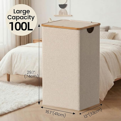 efluky 26 Gal Laundry Basket with Lid and Net Bag, Tall Laundry Hamper with Bamboo Handles, Aesthetic Dirty Clothes Bin for Laundry Room, Bathroom, Bedroom and Dorm, Oatmeal