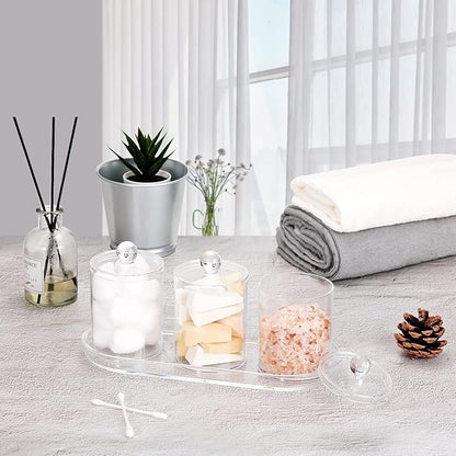 Qtip Holder Bathroom Set with Tray(4PCS) - 3 Pack Acrylic Plastic Apothecary Jars Qtip Dispenser Canister with Lid and Labels, 1 Pack Bathroom Vanity Tray, for Cotton Ball, Cotton Swab(Clear)