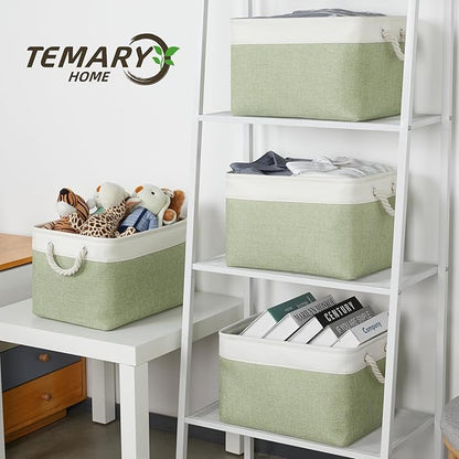 Temary Fabric Storage Baskets 4Pack Storage Bins Decorative Basket for Gift, Clothes Bin with Handles, Rectangle Baskets for Storage, Blankets(White&Green,15x11x9.5 inch)