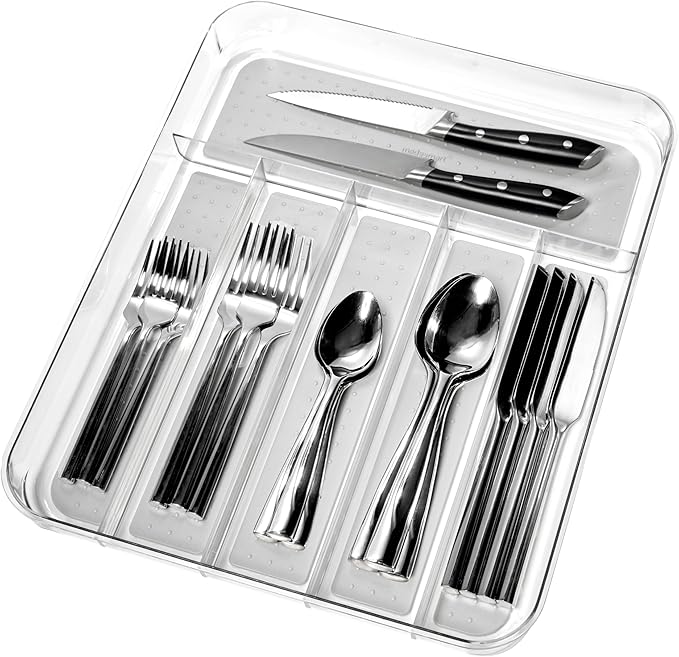 madesmart Premium Clear Silverware Tray, 6 Compartment Flatware Organizer for Forks, Knives & Spoons, Soft Grip Lining & Non Slip Base, Grey