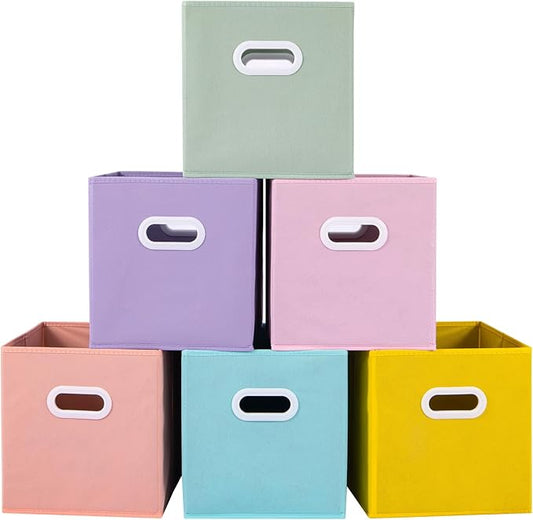 Stero Fabric Storage Cubes Bins, 11 inch Fun Colored Foldable Storage Baskets with Dual Plastic Handle for Home, Kids Room, Closet and Toys Organization, Multi Colored, Set of 6