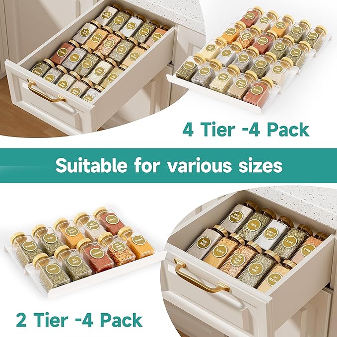 MIUKAA White Acrylic Spice Drawer Organizer, 4 Tier Seasoning Jars Drawers Insert, Kitchen Spice Rack Tray for Drawer/Countertop (Jars not included)