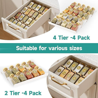 MIUKAA White Acrylic Spice Drawer Organizer, 4 Tier Seasoning Jars Drawers Insert, Kitchen Spice Rack Tray for Drawer/Countertop (Jars not included)