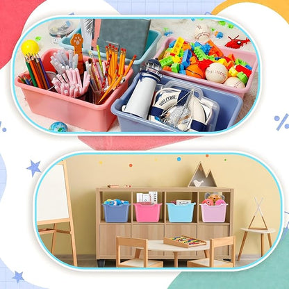 Dandat 16 Pcs Plastic Book Bins for Classroom Library Cubby Bins Scoop Front Stackable Toy Storage Tubs Containers for School Office Home Nursery Playroom Organization (Pastel Color)