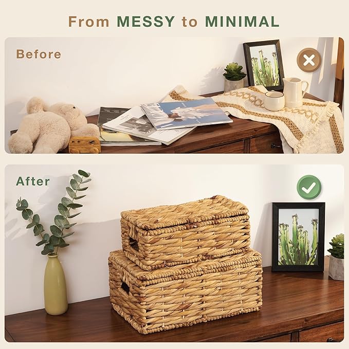 84ECO Set of 2 Wicker Baskets with Lid - Decorative Storage Boxes for Home Decor, Shelves - Woven Basket with Lid - Wicker Decor - Rattan Box - Decorative Bins with Lids (Natural)