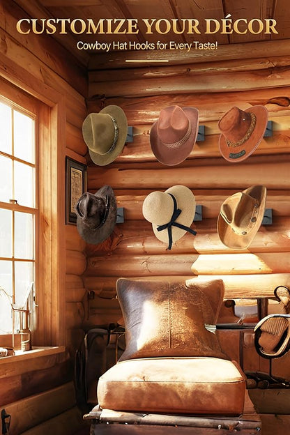 Cinati Cowboy Hat Rack for Wall 6 Pack, Cowboy Hat Holder Wall Mount, Western Rustic Metal Hats Hanger Hooks Organizer for Fedora,Sun Hats,Wide Brim,Western Room Decor