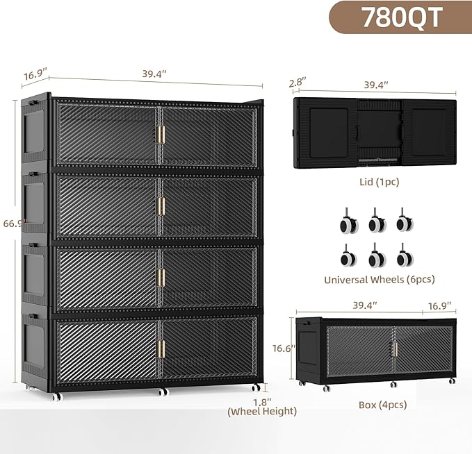 SAILUN 320Gal Extra Large Stackable Storage Bins with a Lid, Collapsible Storage Bins With Doors and Wheels, Foldable Storage Cabinet for Garage Closet Organization, Black, 4Pack 39.4" W