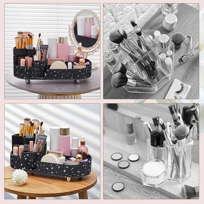 Teen Girls Mother's Day 360 Rotating Bling Makeup Organizer Gift Rhinestone Diamond Bathroom Organizer Girly Skin Care Brush Holder for Countertop, Bathroom Essentials(Black,Rhinestone)