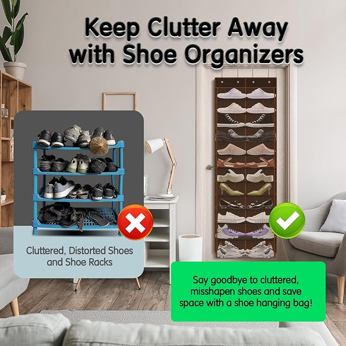 Kotkn Over The Door Shoe Organizer with 12 Large Breathable Pockets - Durable Hanging Storage for the Entire Family's Shoes (Espresso)