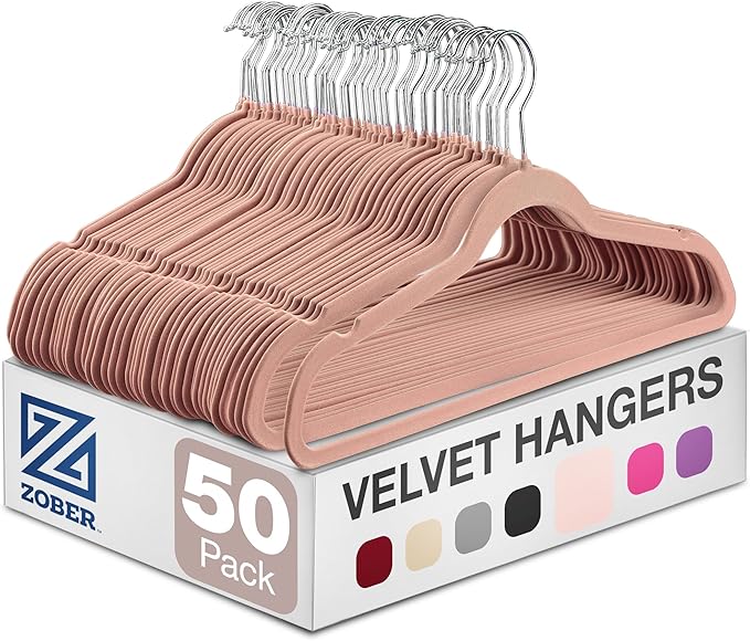 ZOBER Blush Velvet Hangers 50 Pack - Clothes Hangers, Coat Hanger for Pants & Dress Clothes - Non Slip w/ 360 Degree Swivel, Holds up to 10 lbs - Strong Felt Hanger for Clothing