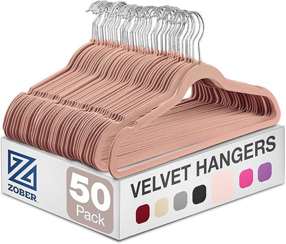 ZOBER Blush Velvet Hangers 50 Pack - Clothes Hangers, Coat Hanger for Pants & Dress Clothes - Non Slip w/ 360 Degree Swivel, Holds up to 10 lbs - Strong Felt Hanger for Clothing