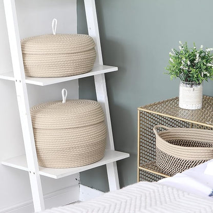 Sea Team Round Cotton Rope Storage Basket with Lid, Decorative Woven Storage Bin, Pot, Caddy, Organizer, Container for Snacks, Towels, Plants, 13 x 9 Inches (Large Size, Khaki)