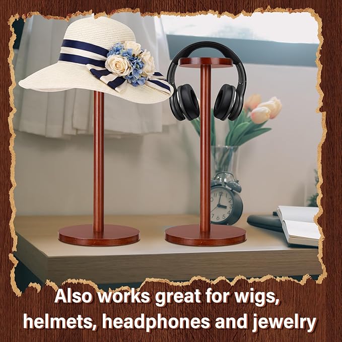 Weysat 4 Pack Wooden Hat Display Stand with Round Base Brown Rustic Vintage Hat Rack Holder for Wig Cap Helmet Boutique Jewelry Organizer for Home Store Tabletop Shelf Decor, 12 x 6 x 4 Inches