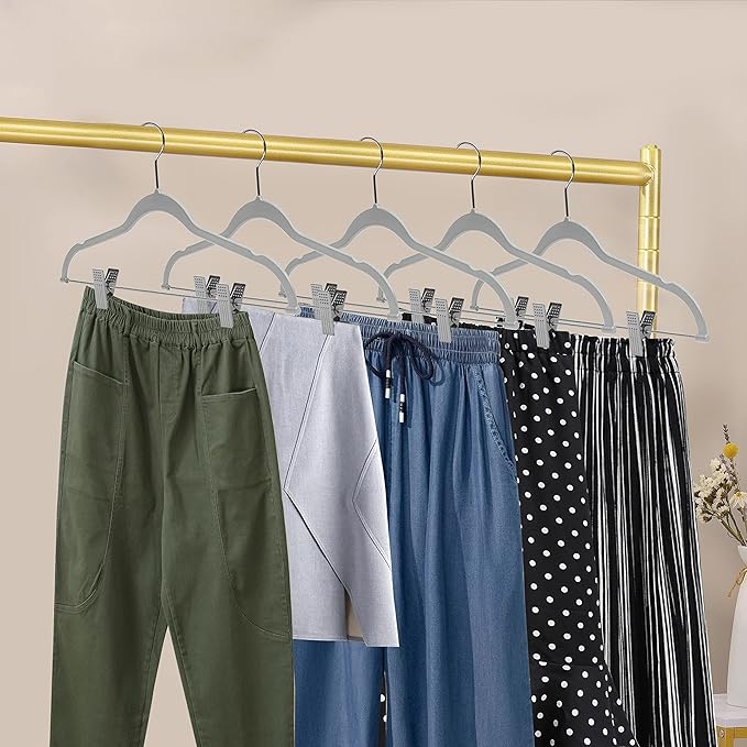 Quality Plastic 20-Pack Non Velvet Non-Flocked Thin Compact Coat Hangers with Metal Clips for Skirts Pants Blouses 360° Swivel Hook (Gray, 20)
