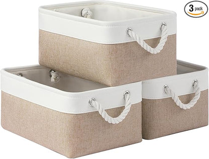 Storage Baskets for Shelves 13.8x9.8x6.7 Inch, Foldable Fabric Storage Bins with Handles, Small Storage Baskets for Organizing Closet, Office, Home Organization (3-Pack, White&Khaki)