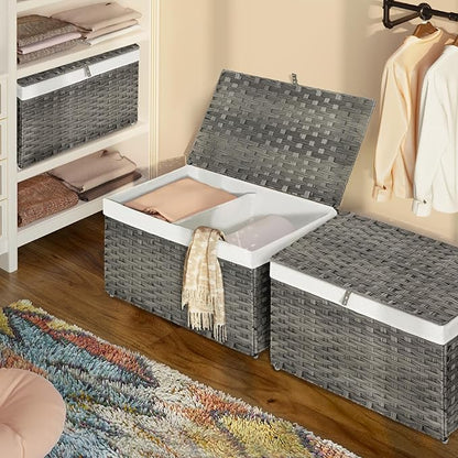 GREENSTELL Storage Basket with Lid, 27.7 Gallon(105L) Lagre Wicker Blanket Storage Basket with Handles, Foldable, 2 Removable Liner Bags, Metal Frame, for Bedroom, Laundry Room, Grey,25.6"*15.7"*15.7"