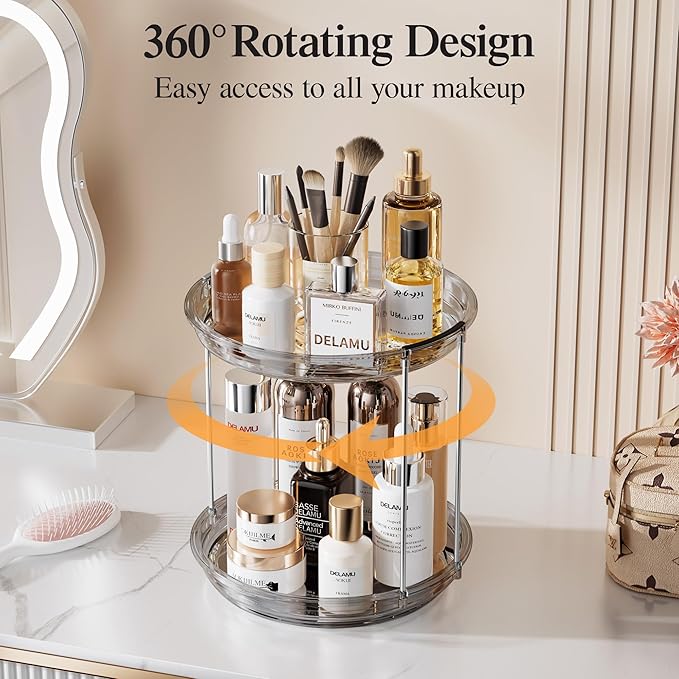 Delamu 2 Tier Rotating Makeup Organizer for Vanity, Skincare Organizer for Bathroom Counter, Spinning Perfume Organizer Cosmetic Holder with Large Capacity, Grey