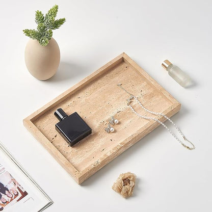 Large Travertine Vanity Tray, Luxury Stone Organizer for Bathroom & Kitchen Counter | Holds Soap Dispenser, Jewelry, Perfume Bottles | Non-Resin, Non-Ceramic Décor
