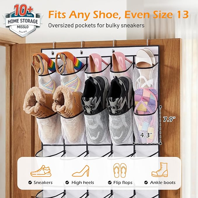 MISSLO 35 Large Pockets Over The Door Shoe Organizer and 36 Pairs Clear Over the Door Shoe Organizer