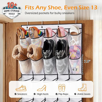 MISSLO 35 Large Pockets Over The Door Shoe Organizer Sturdy Oxford Fabric Hanging Shoe Rack for Door Mesh Closet Shoe Holder Hanger, White