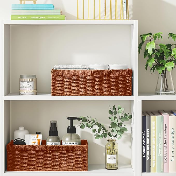 Vagusicc Wicker Storage Basket, Paper Rope Wicker Baskets with Handles, Toilet Paper Basket for Toilet Tank Top, Small Wicke Baskets for Organizing Shelves, 2-Pack, Orange