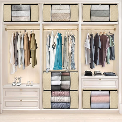 Fab totes 6 Pack Clothes Storage, Foldable Thick Fabric Blanket Storage Bags, Containers for Organizing Bedroom, Closet, Clothing, Comforter, Organization with Handle,Beige